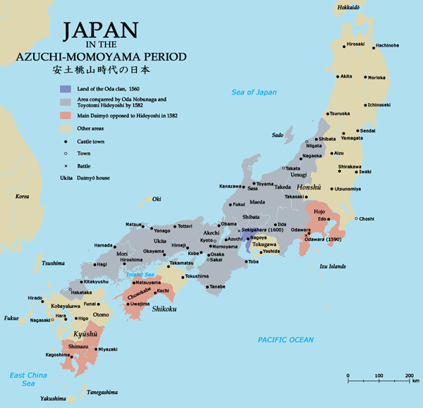 Japan in 1582, showing territory conquered by Oda Nobunaga in gray