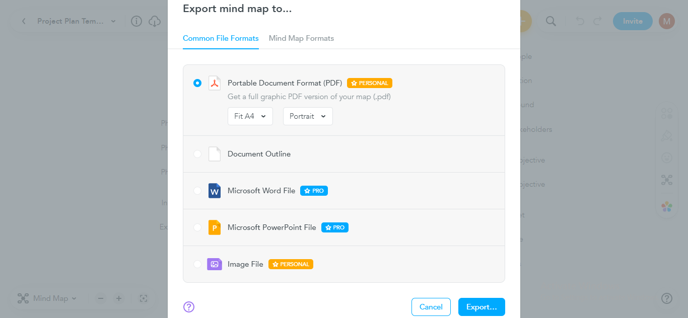  select desired export format in mindmeister