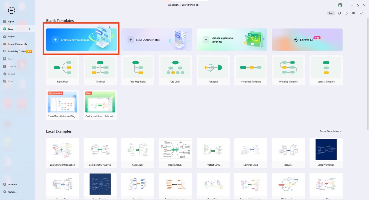 Página de inicio de edrawmind Crear nuevo mapa mental